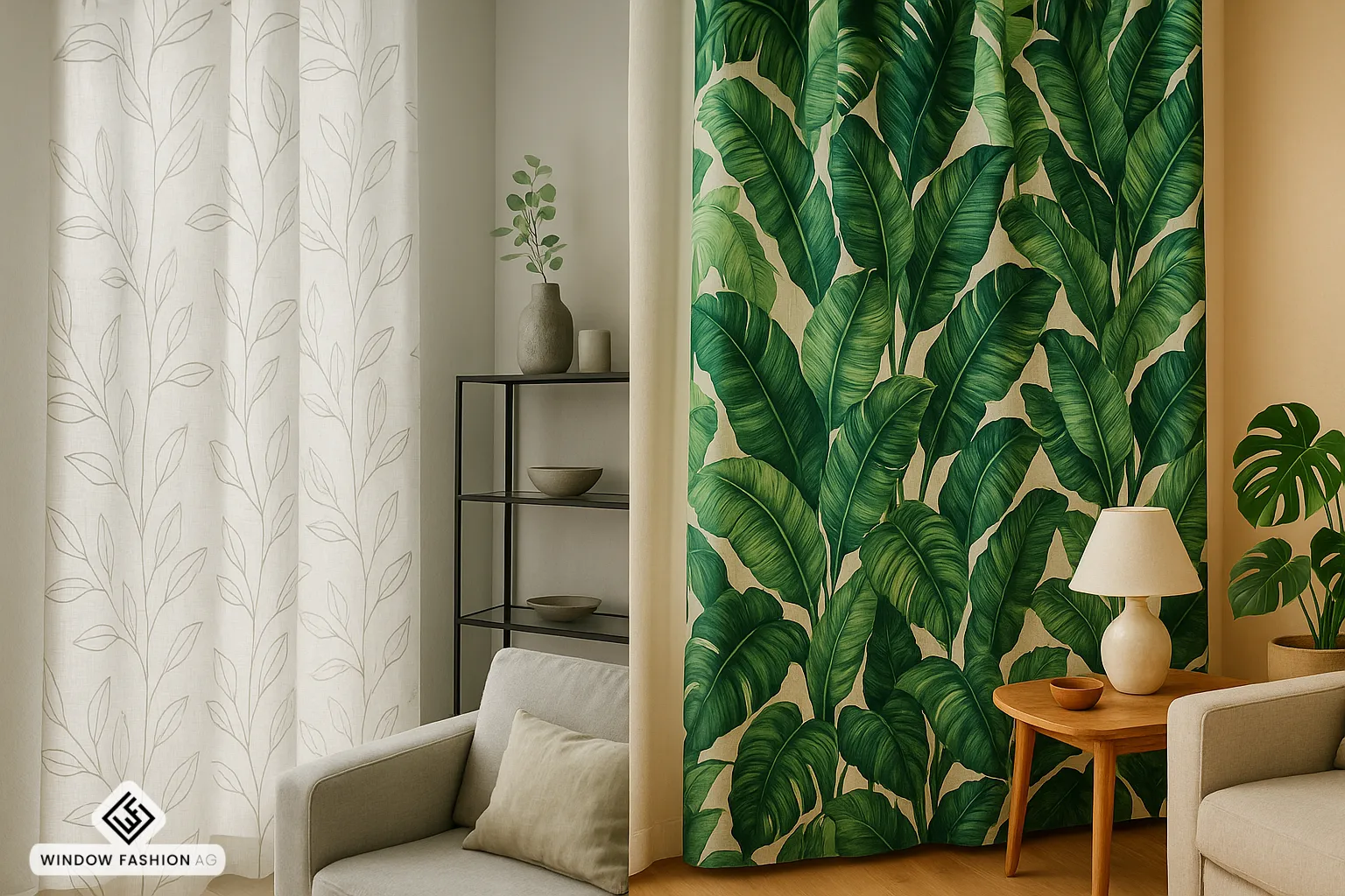 Vorhänge mit botanischen und tropischen Mustern in einem elegant eingerichteten Raum mit passenden Möbeln und Farbkombinationen