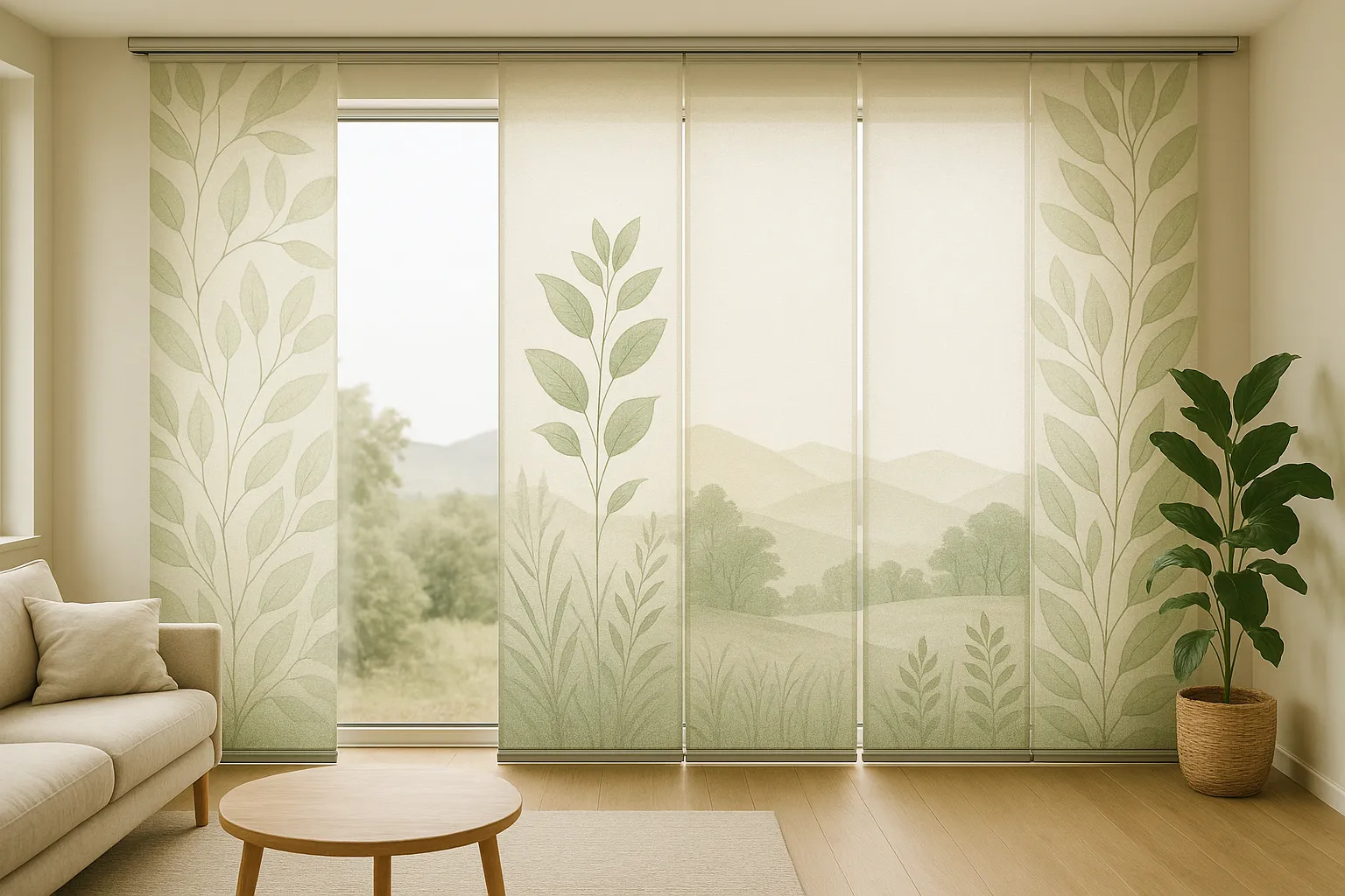 Flächenvorhänge mit natürlichen Blättermotiven und sanften Landschaften in modern gestalteten Räumen, die für Ruhe und Frische sorgen