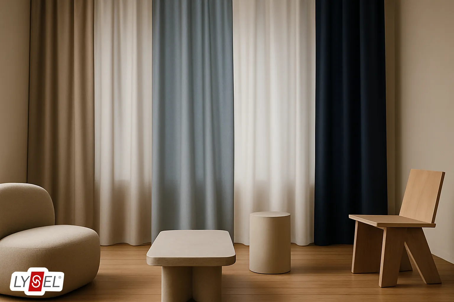 Minimalist modern interior with plain panel curtains in neutral colors and natural decor elements creating a calm and versatile living space