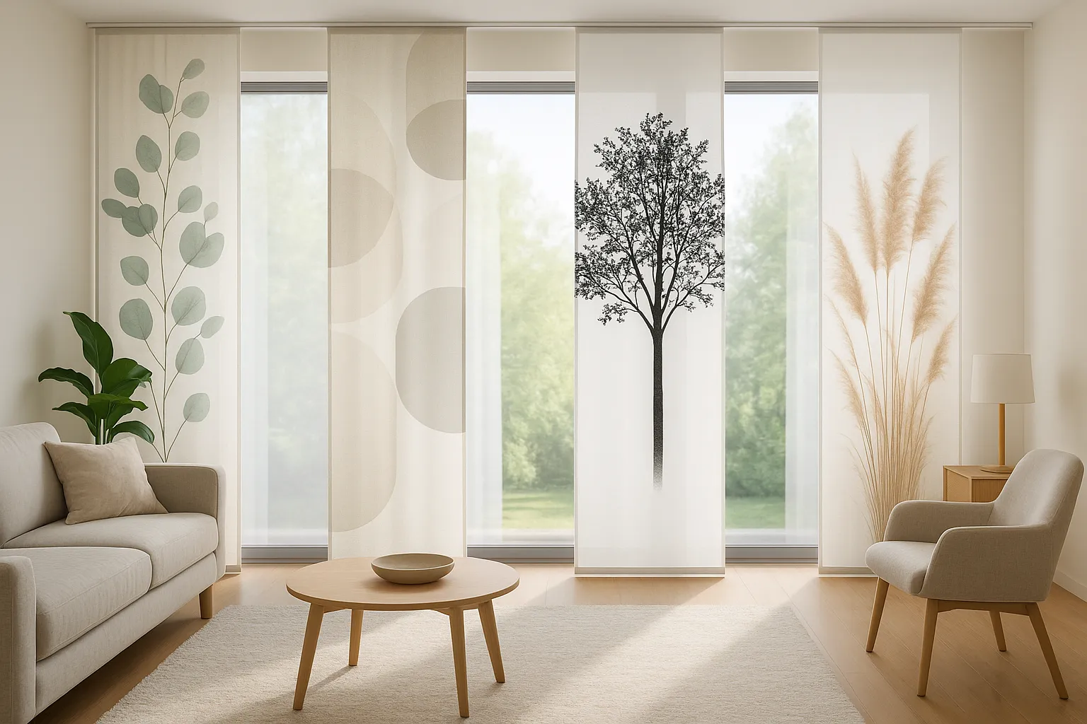 Wohnraum mit dekorativen Flächenvorhängen in verschiedenen Designs und transparenzgraden, die eine angenehme Lichtstimmung und Raumwirkung schaffen