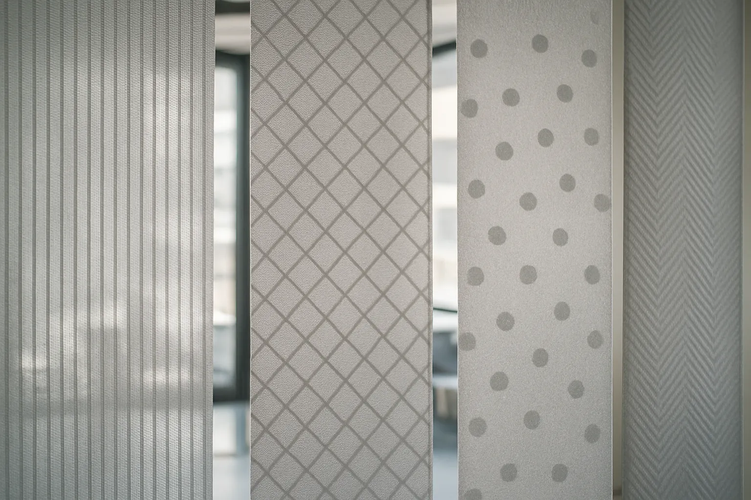 Geometrische Muster mit Linien, Rauten und Kreisen auf semitransparenten Stoffen, die Licht und Schatten in modernen Innenräumen gliedern