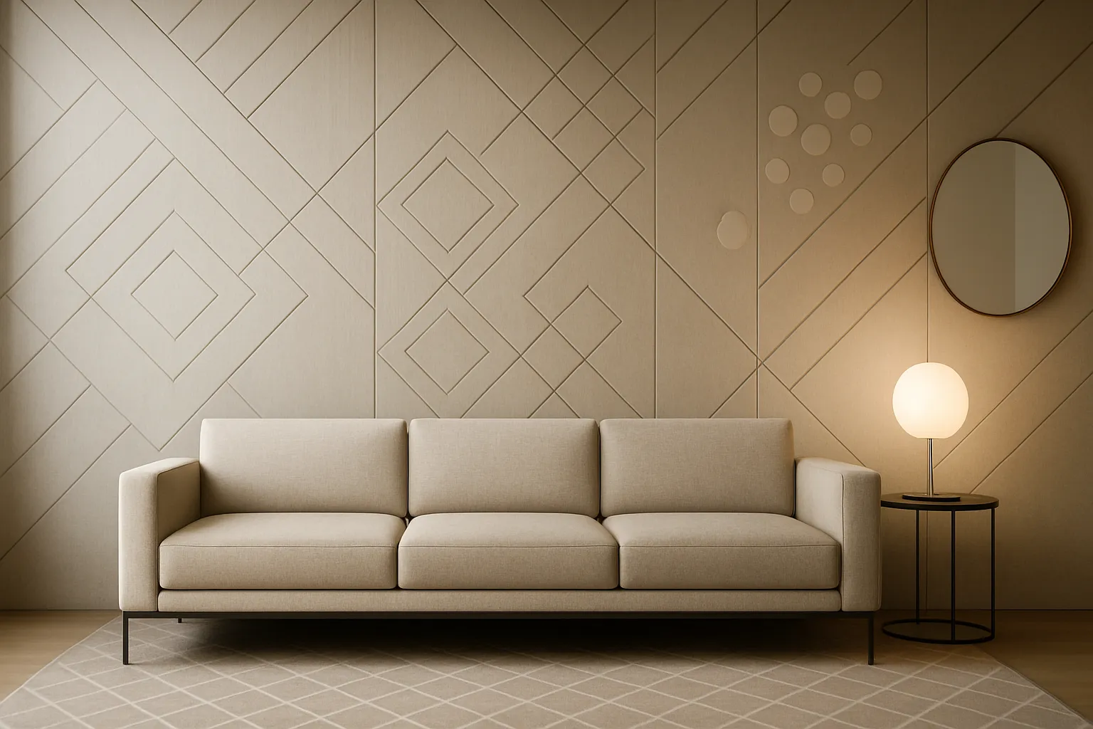 Geometrische Muster aus Linien, Rauten und Kreisen kombiniert für eine ästhetische und moderne Raumgestaltung in harmonischer Anordnung.