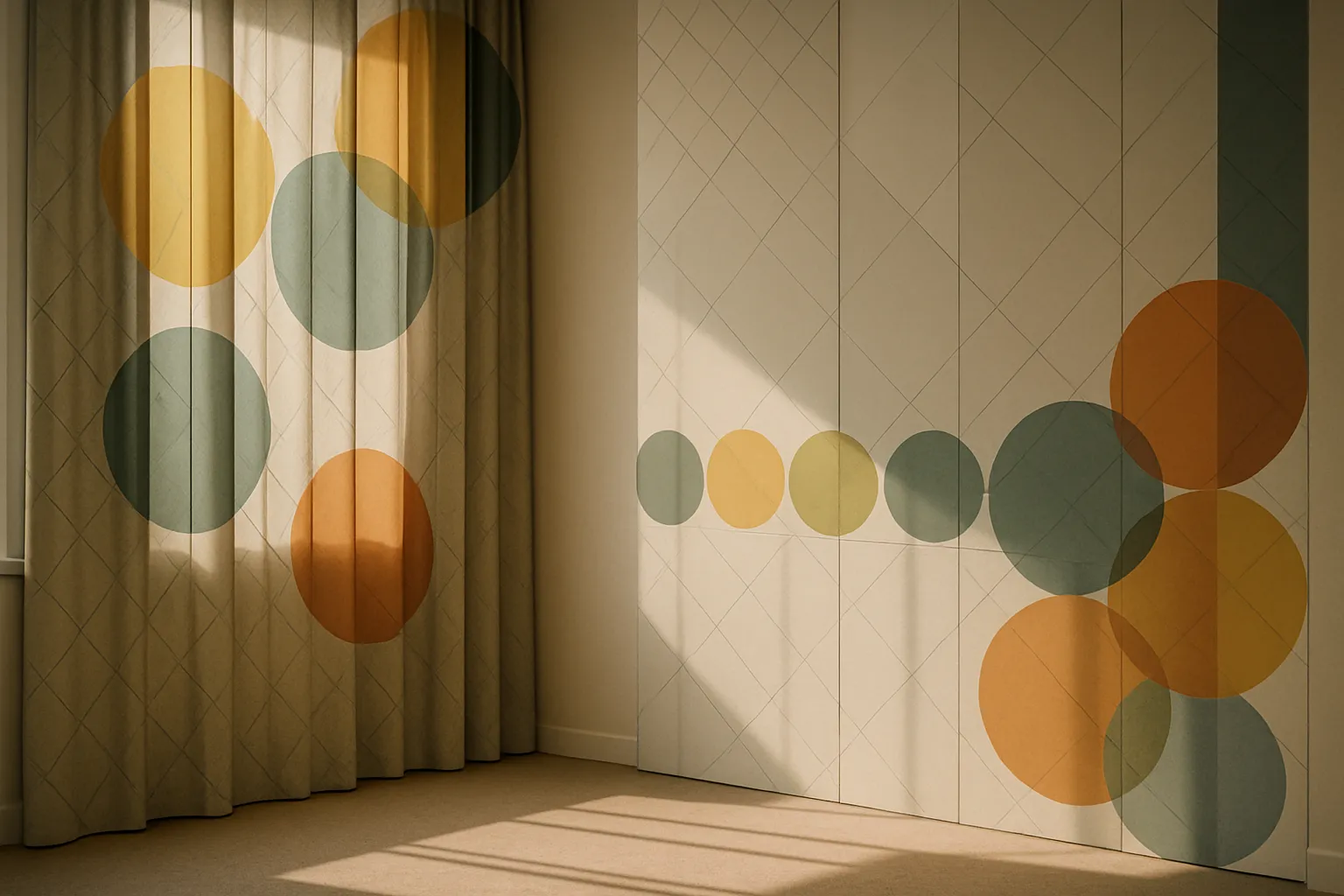 Moderner Raum mit geometrischem Muster aus Linien, Rauten und unterschiedlich großen Kreisen als dekorative Gestaltungselemente