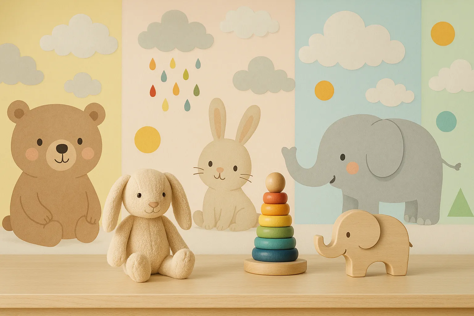Kinderzimmer mit freundlichen Tieren, Wolken und bunten Formen in sicherer und einladender Atmosphäre