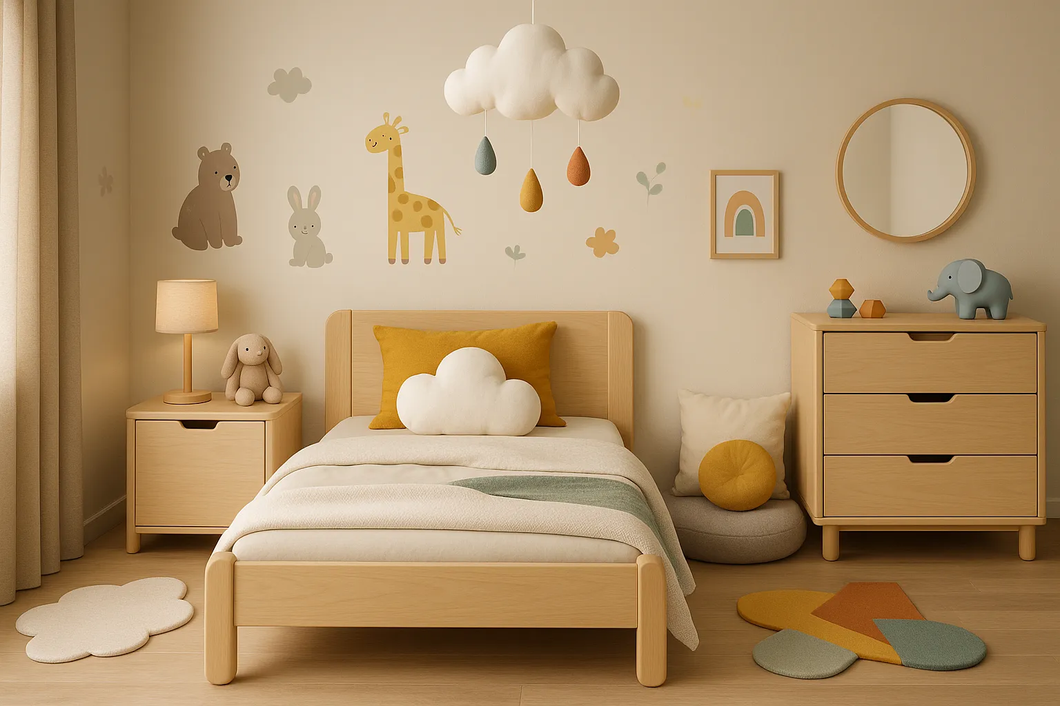 Kinderzimmer mit Tiermotiven, Wolken und bunten Formen, sicher und kinderfreundlich gestaltet