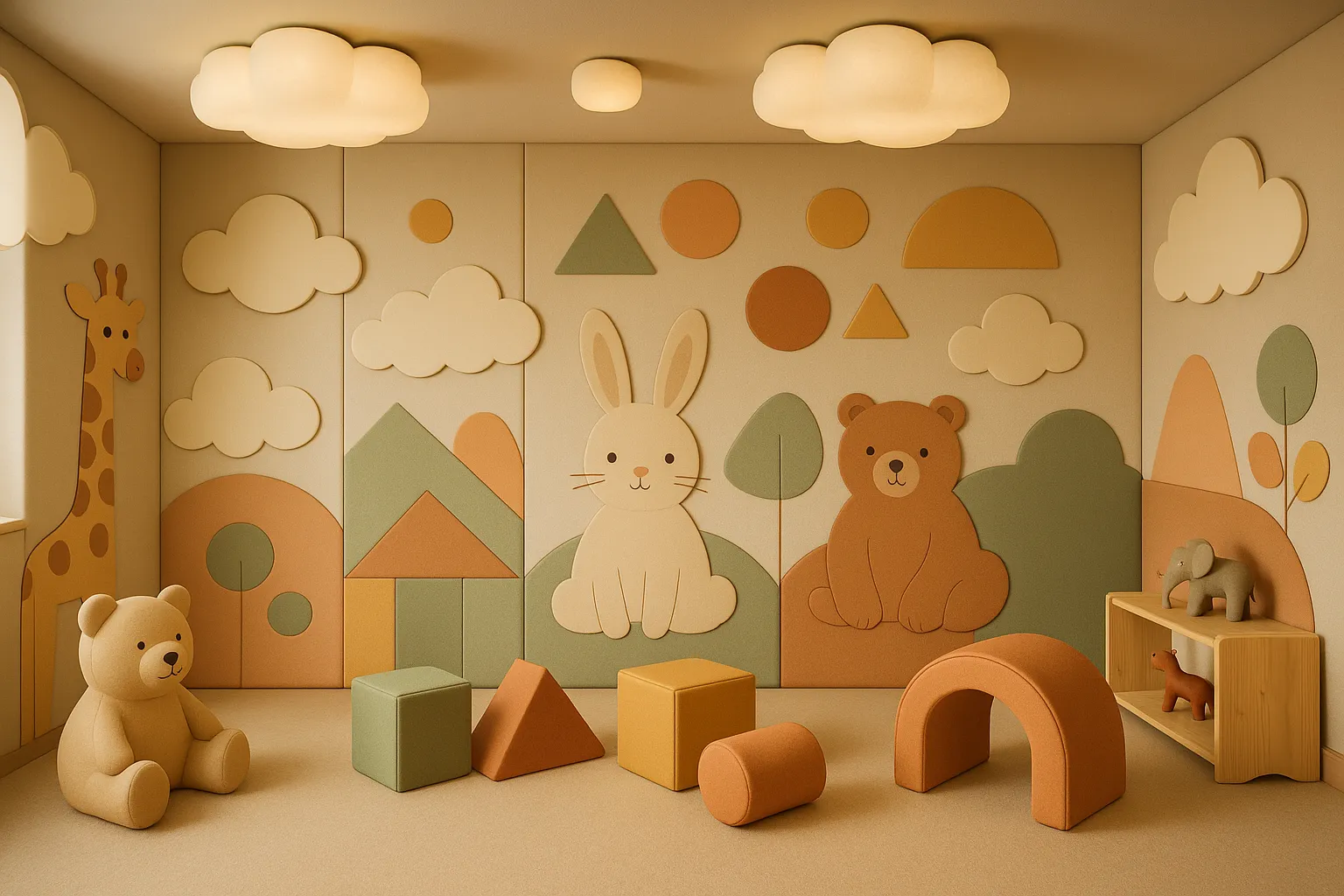 Kinderzimmer mit tierischen Motiven, Wolken und bunten spielerischen Formen, die eine freundliche und sichere Atmosphäre schaffen