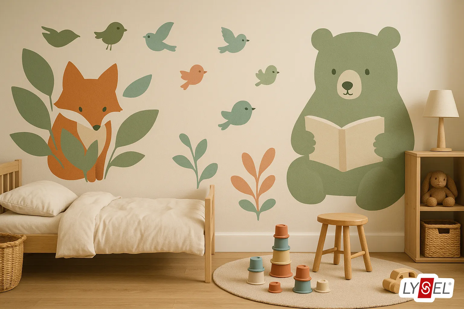 Kinderzimmer mit freundlichen Tiermotiven wie Fuchs, Bär und Vögeln in sanften Naturfarben, einladend gestaltet für Kinder