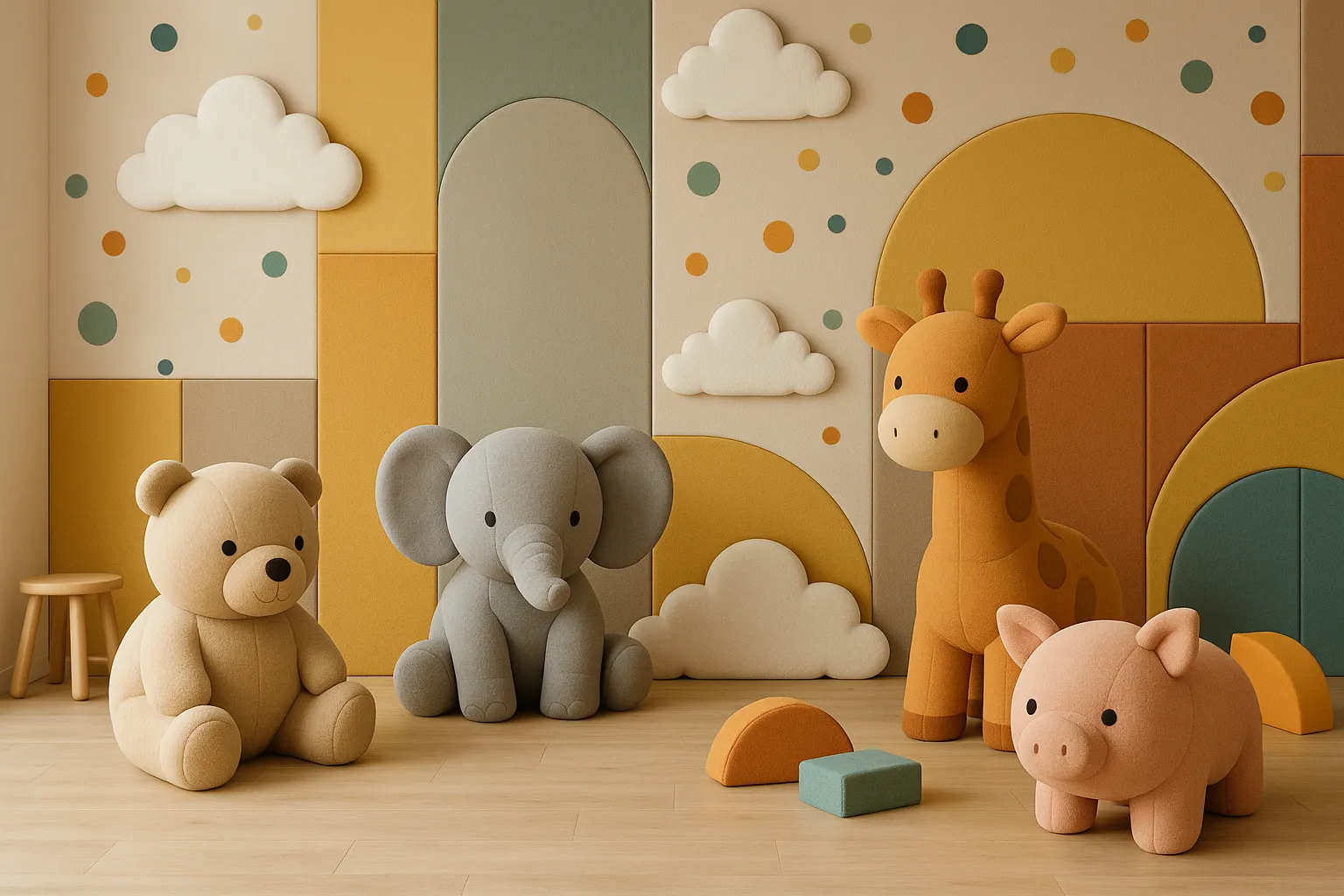 Kinderzimmer mit freundlichen Tiermotiven, Wolken und bunten Formen, die eine sichere und spielerische Umgebung schaffen