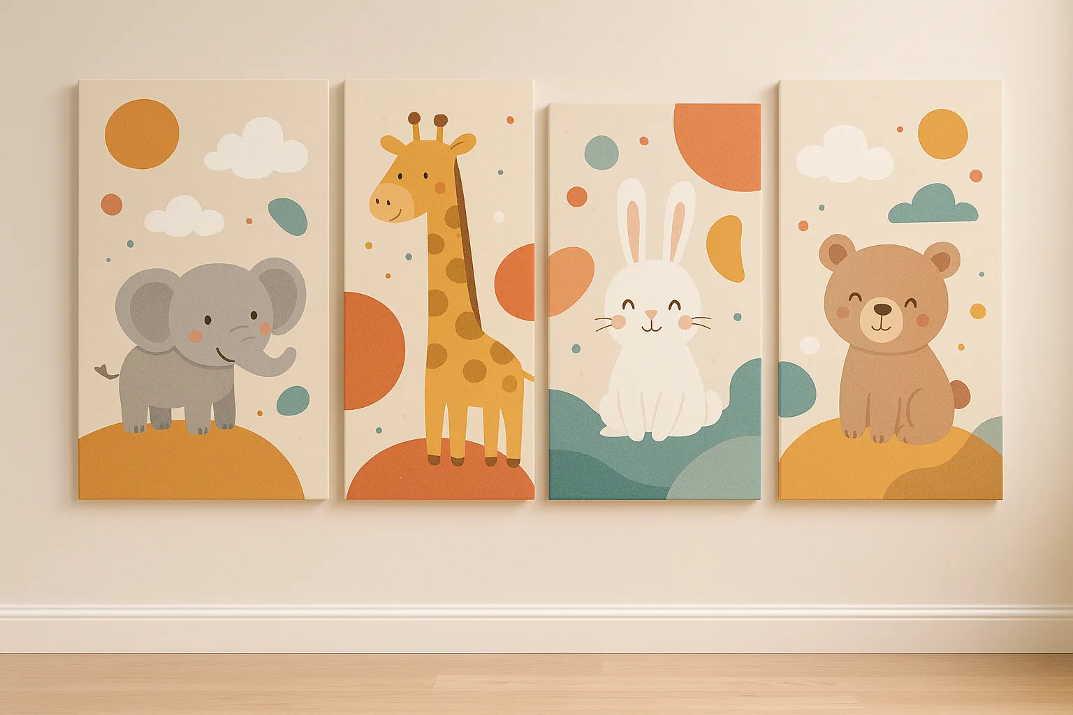 Kinderzimmer Wanddekoration mit freundlichen Tiermotiven, Wolken und bunten Formen in einer spielerischen und sicheren Atmosphäre
