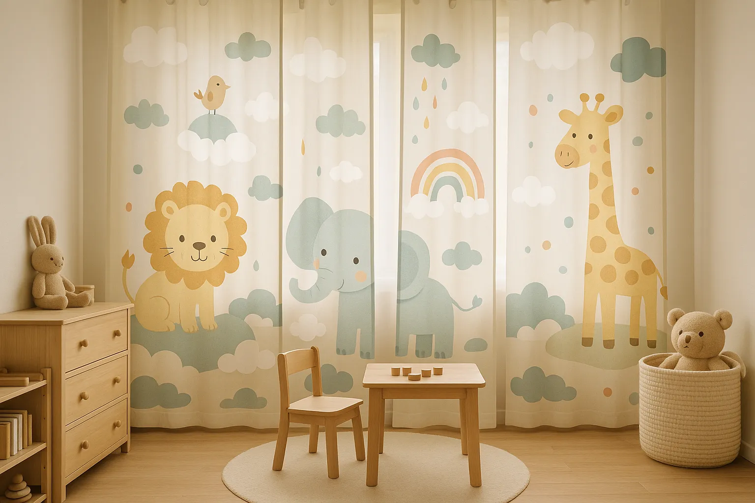 Kinderzimmer mit tierischen und wolkenförmigen Flächenvorhängen in warmen Farben, die eine sichere und spielerische Atmosphäre schaffen