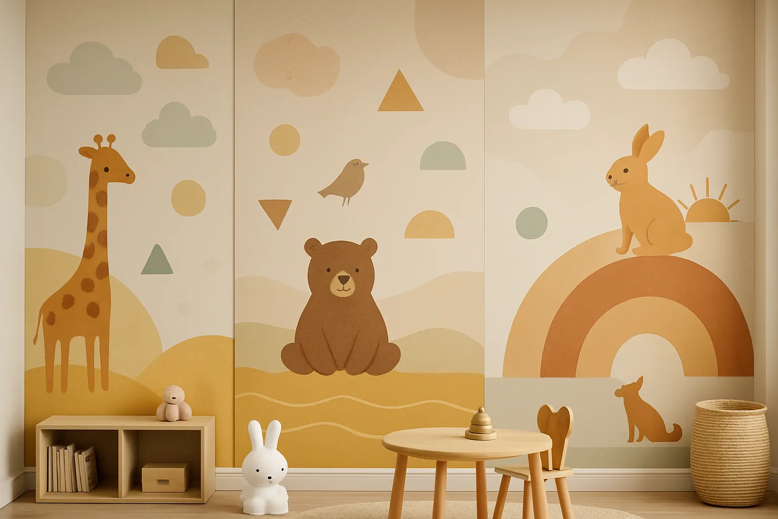 Kinderzimmer mit bunten geometrischen Formen, Tier-Silhouetten und Wolkenmotiven für spielerisches Lernen und Fantasie