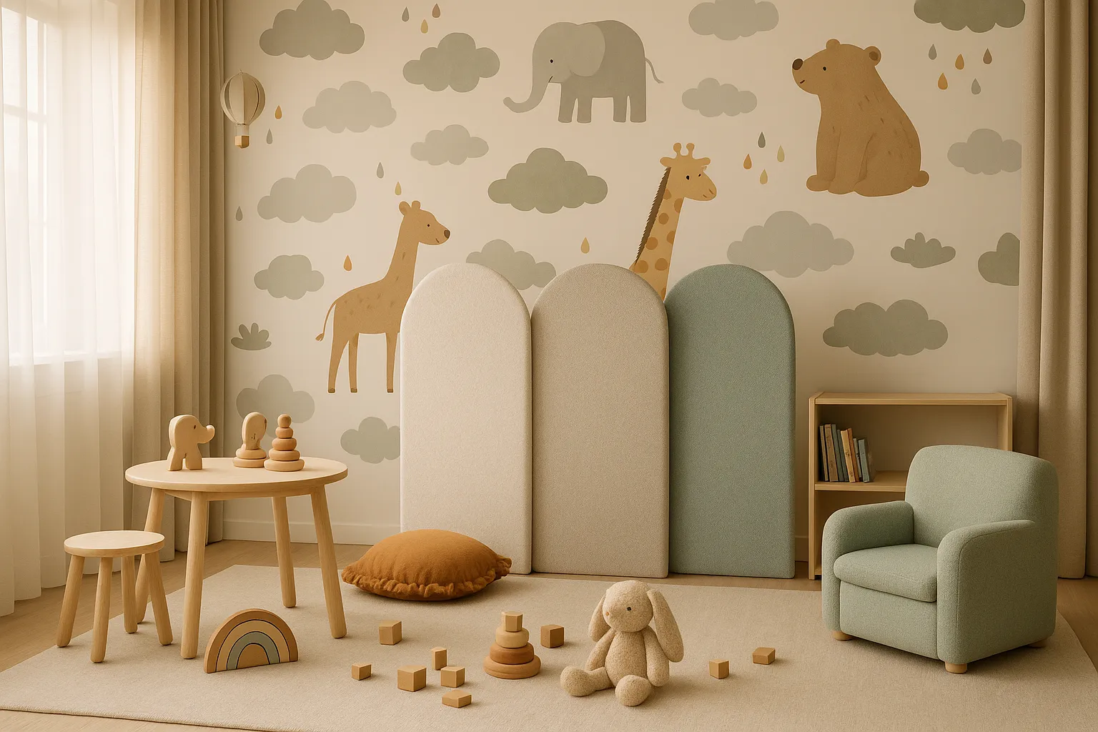 Kinderzimmer mit verspielten Tier-, Wolken- und Farbmotiven, gemütlicher Atmosphäre und durchdachter Materialgestaltung für Licht- und Schalldämmung