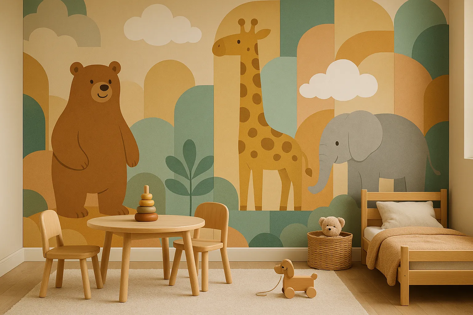 Kinderzimmer mit freundlichen Tiermotiven, Wolken und bunten Formen in harmonischer, beruhigender Atmosphäre