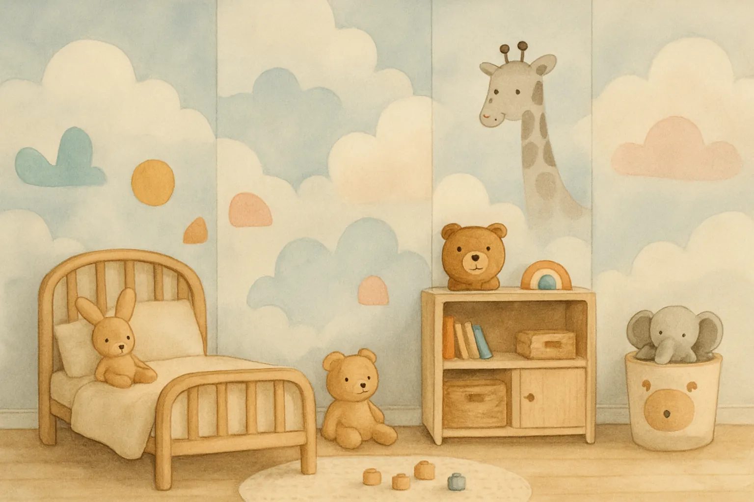 Kinderzimmer mit spielerischen Wolkenmotiven, bunten Formen und freundlichen Tieren in ruhiger, entspannter Atmosphäre