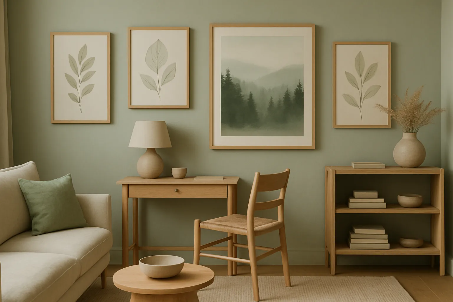 Wohnzimmer mit Naturmotiven und beruhigender Atmosphäre in harmonischen Grüntönen und erdigen Farben