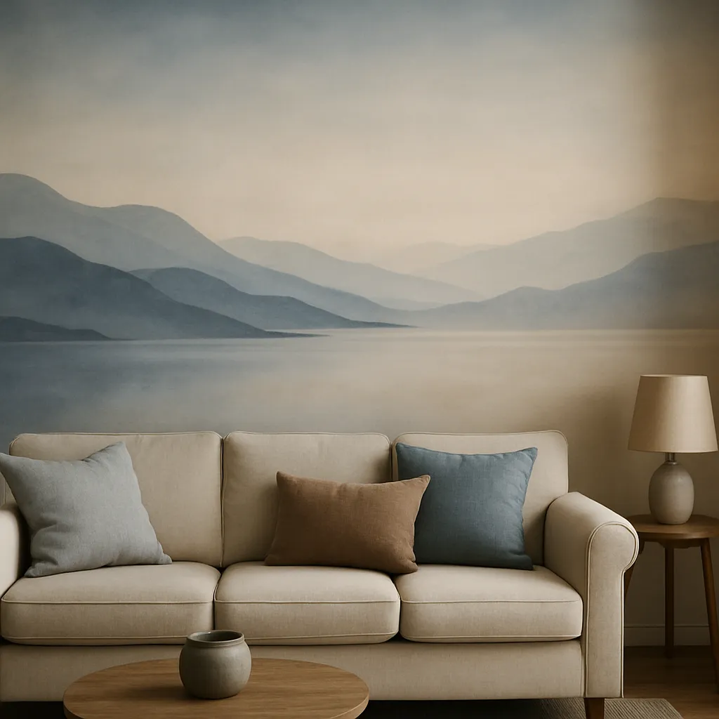 panorama mural with soft mountain ranges and calm water surfaces creating depth and tranquility in a small living space