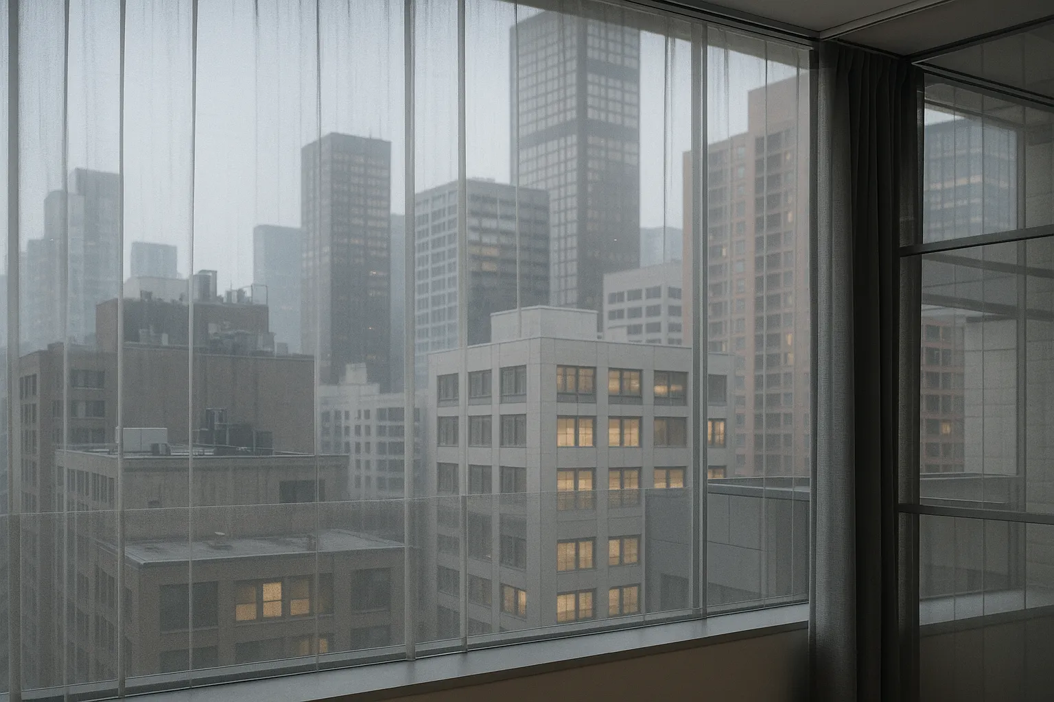 Urban cityscape showing building facades with translucent curtains balancing light and privacy