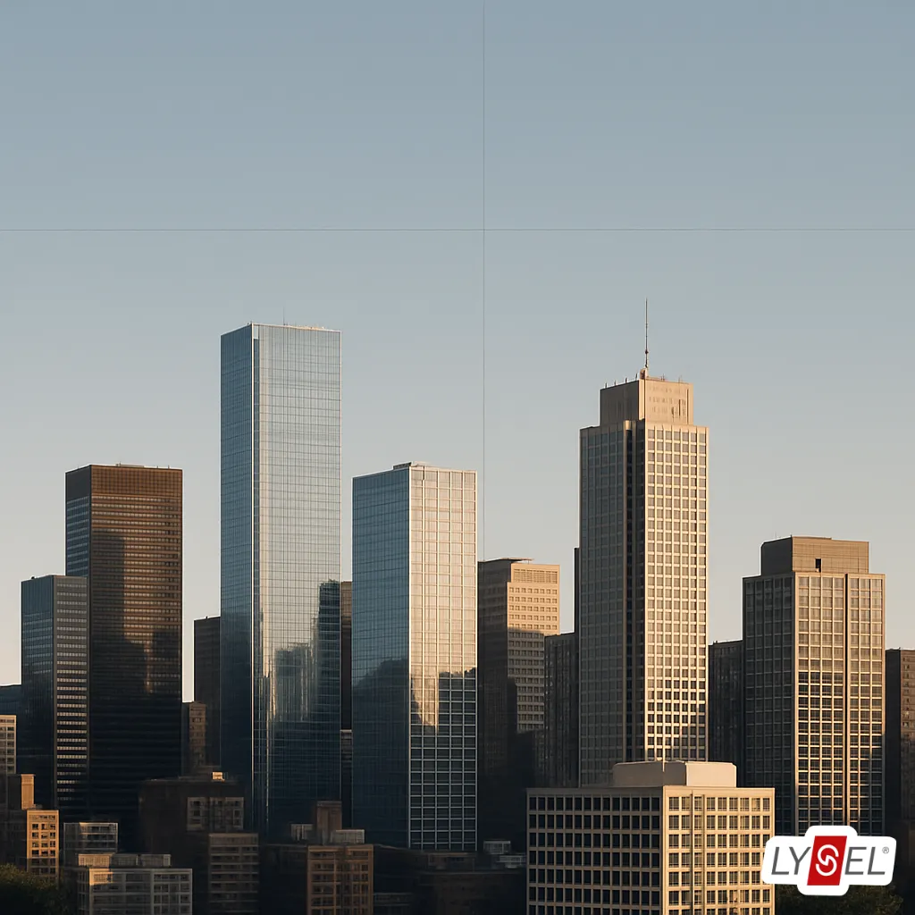 Urbane Skyline mit strukturierter Architektur, modularen Paneelen und ausgewogenem Negativraum