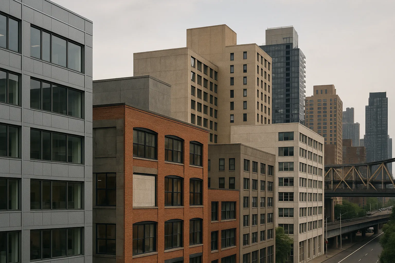 Städtische Architektur mit Skylines, Fassadenstrukturen und urbanen Texturen, die unterschiedliche Raumfunktionen und Anwendungen in moderner urbaner Umgebung darstellen