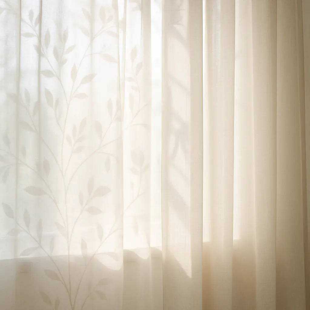 Sanfter Innenraum mit transparenten Vorhängen und botanischen Mustern, die beruhigend Tageslicht filtern und natürliche Raumstimmung schaffen