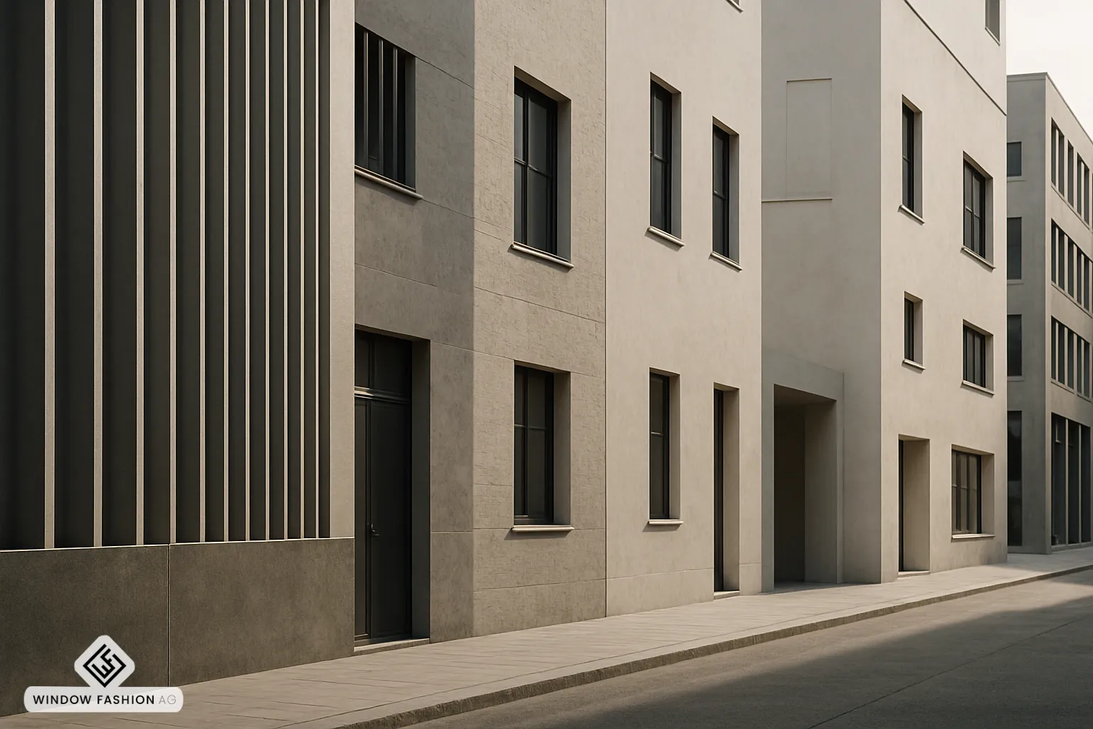 Urbanes architektonisches Fassadenfragment in einer ausgewogenen Stadtreihe mit unterschiedlichen Texturen und Perspektiven