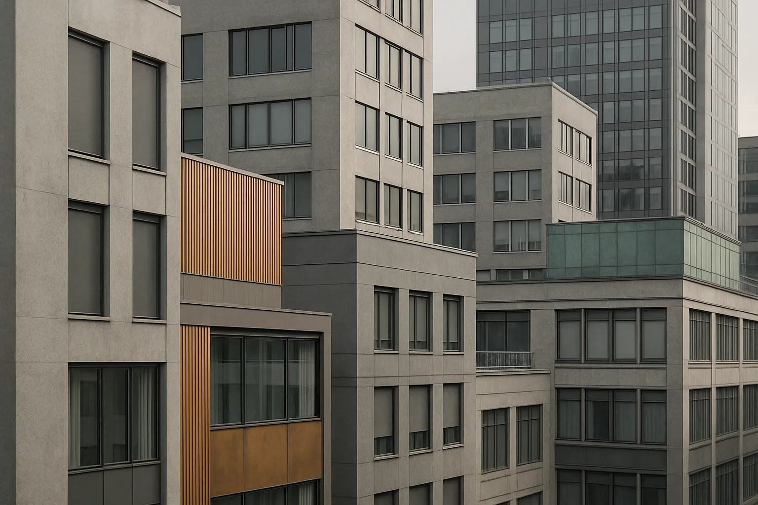 Urbanes Stadtbild mit Beton- und Naturtönen, Akzente in Messing und Patina, realistische Architektur mit klaren Texturen