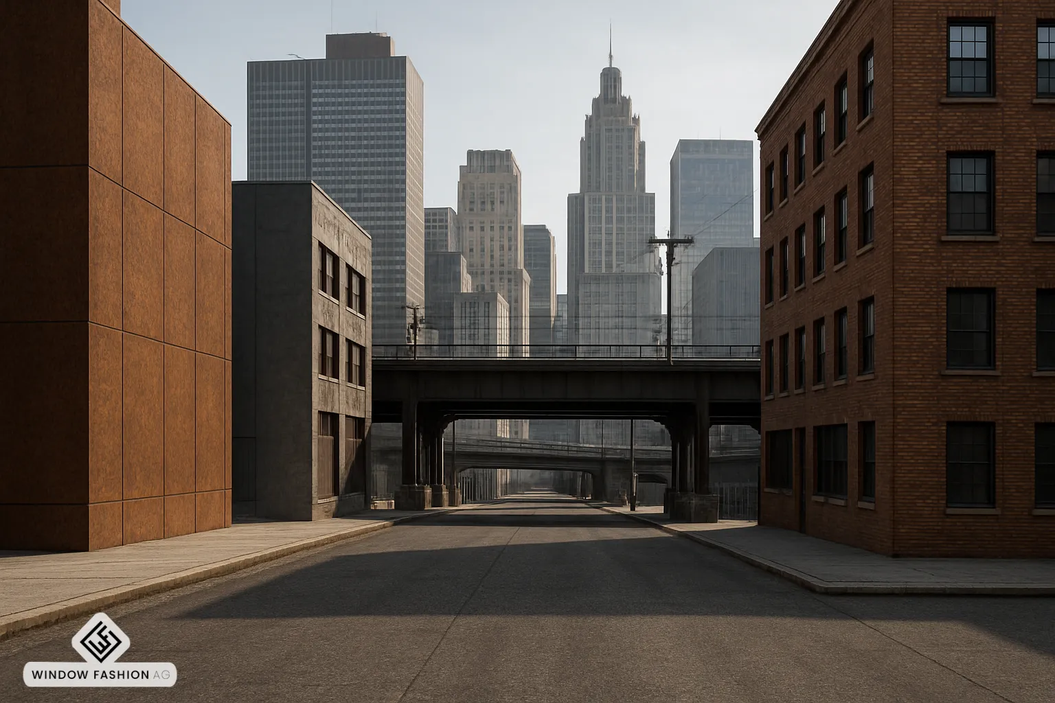 Detailreiche urbane Architektur mit Asphalt, Beton, Cortenstahl und Ziegeltexturen, kombiniert mit filigranen Brücken- und Gleisstrukturen in einer städtischen Umgebung